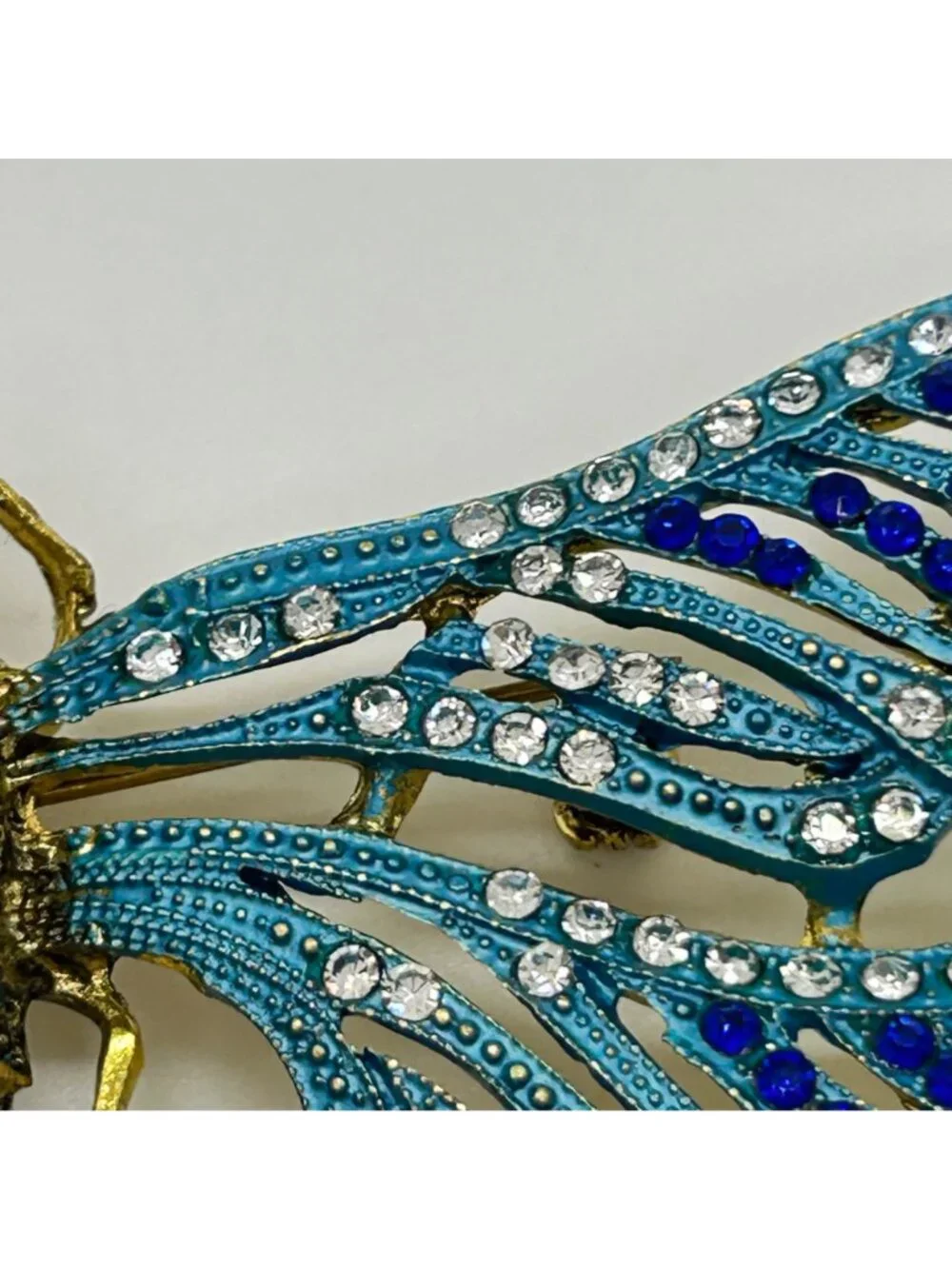 Dragonfly Brooch Articulated Tail Blue Teal Rhinestones Statement 5 inch Insect